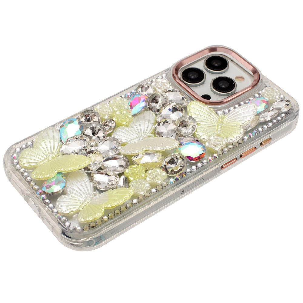 For Apple iPhone 12 Pro Max 3D Diamond Floral Butterfly Bling Stone Hybrid, Sparkly Rhinestone Gemstone Back Shockproof Case Cover