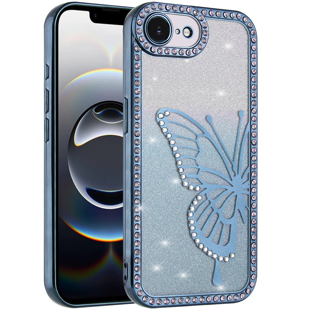 For Apple iPhone 17E /16E Butterfly Glitter Diamond Shimmer Hybrid Slim & Stylish Electroplated Sparkly Bling Shockproof TPU Protective Case Cover