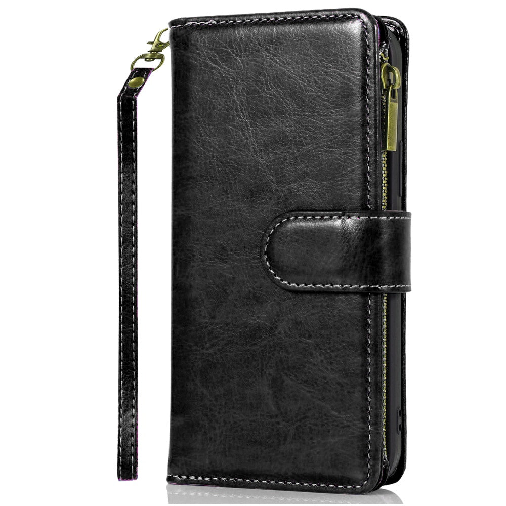 For Samsung Galaxy S25 /S24 Leather Wallet Case with Zipper, 9 Card Slots, Cash Pocket, Stand & Strap, Clutch Pouch Design Case Cover Black