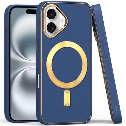 For Apple iPhone 16 Plus (6.7") PU Leather Magnetic Case Slim Protective Cover with MagSafe Compatibility Hard PC Gold Frame Protection Case Cover