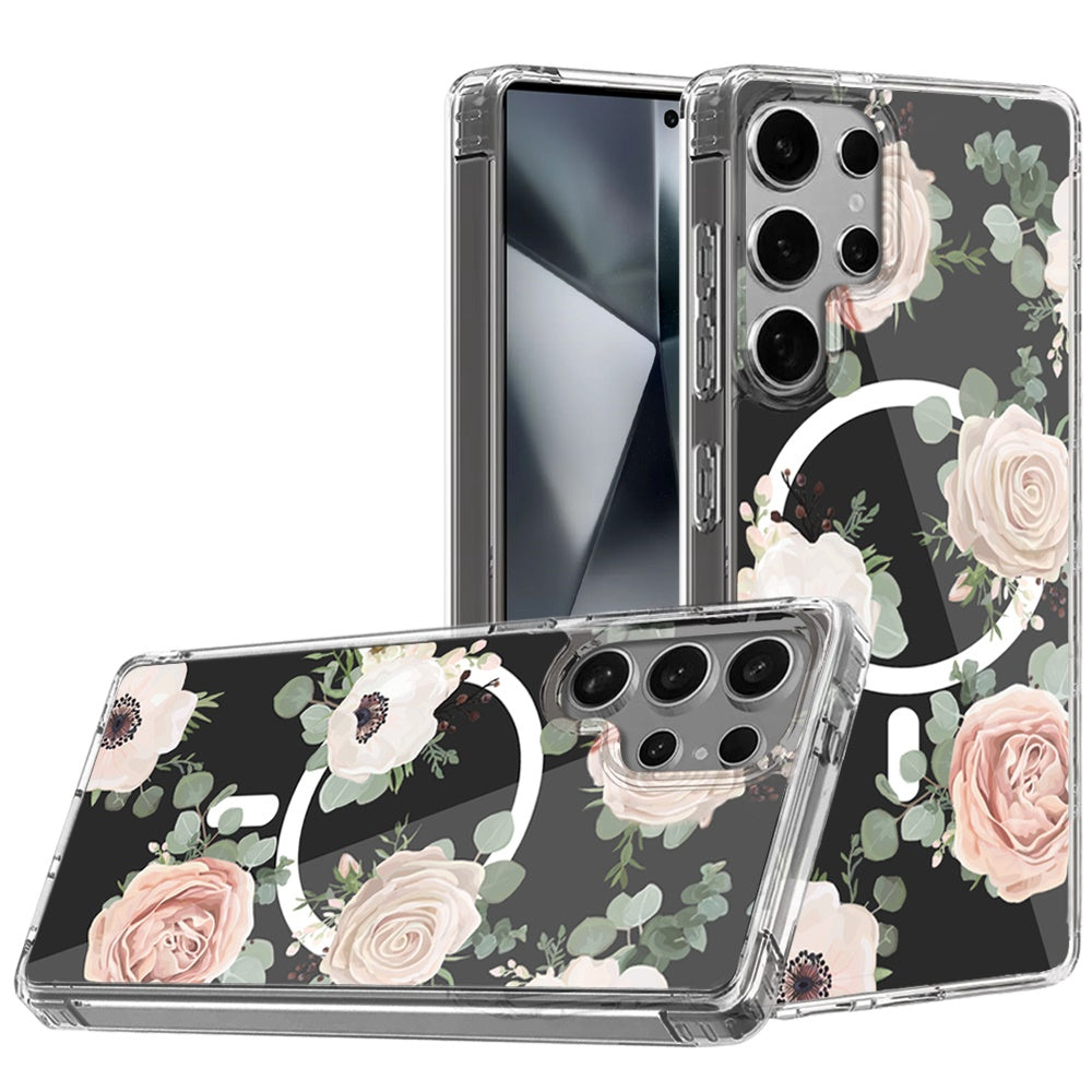 For Samsung Galaxy S25 Ultra Hybrid Flower Design Stylish Fashion Case, MagSafe Compatible, Thick Shockproof Hard PC Case Cover