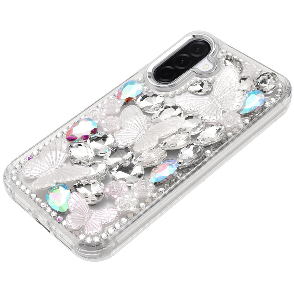 Phone Case for Samsung Galaxy A27 Luxury 3D Floral Butterfly Bling Rhinestone Glitter Shockproof Stylish Protective Hybrid Designer Metallic Cover
