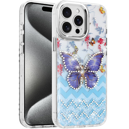 Phone Case for Apple iPhone 15 Pro Max Butterfly Resin Epoxy Diamond Bling Metal Edge Shockproof Hybrid Luxury Protective Durable Stylish Fashion Grip Cover