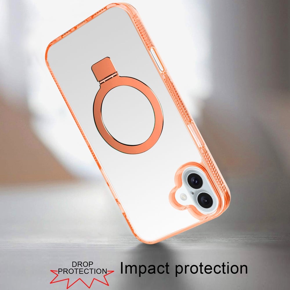 For Apple iPhone 17 (6.3") Transparent Magnetic Ring Circle Stand with MagSafe Compatible Hybrid Dotted Edged Hard PC Shockproof Case Cover Cosmic Orange