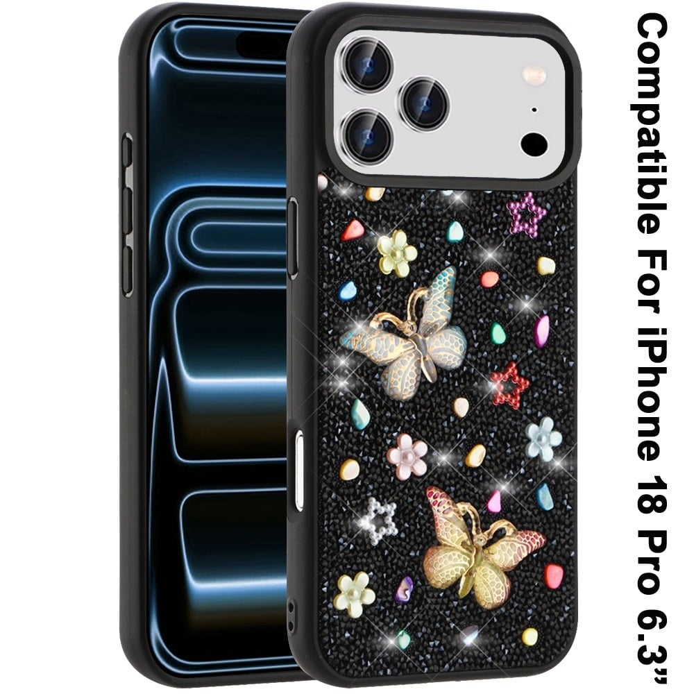 Phone Case for Apple iPhone 18 Pro 3D Butterfly Diamond Bling Glitter Shockproof Stylish Protective Luxury Hybrid Sparkly Durable Grip Design Cover