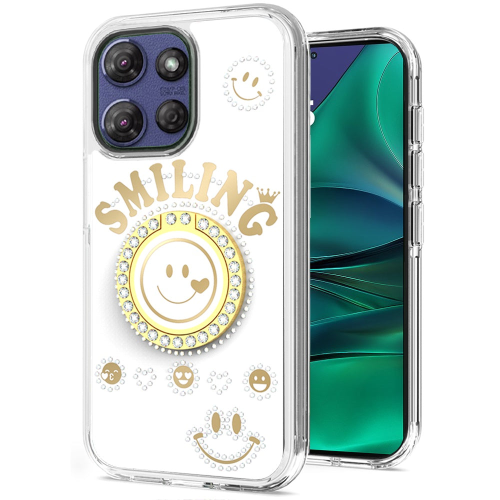 For Apple iPhone 17E /16E Smiling Glitter Bling Ornament Hybrid Shockproof Stylish Sparkle Design Secure Grip Durable Protection Case Cover White