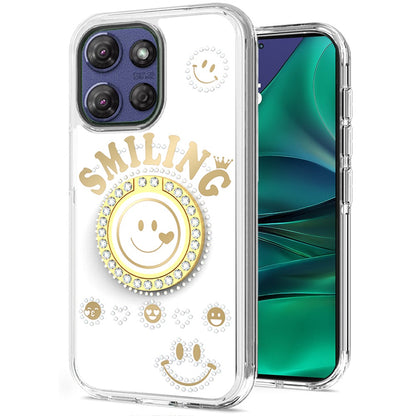 For Apple iPhone 17E /16E Smiling Glitter Bling Ornament Hybrid Shockproof Stylish Sparkle Design Secure Grip Durable Protection Case Cover White