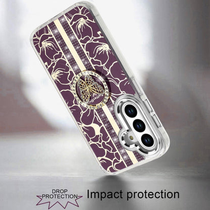 Phone Case for Samsung Galaxy A17 5G Floral Butterfly Ring Stand Glitter Bling Shockproof Hybrid Luxury Fashion Protective Anti Slip Durable Grip Cover Purple