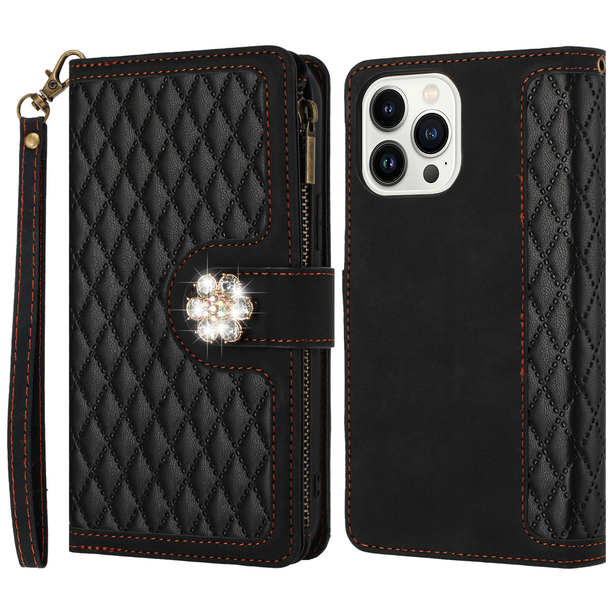 PU Leather Wallet Design Jewel Bling with Credit Card Holder Flip Folio Pouch Zipper Purse Wrist Strap