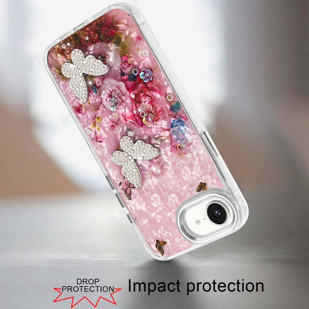 For Apple iPhone 17E /16E Epoxy Glitter Flowers Bling 3D Butterfly Fashion TPU Hybrid with Shockproof Protection Case Cover Pink