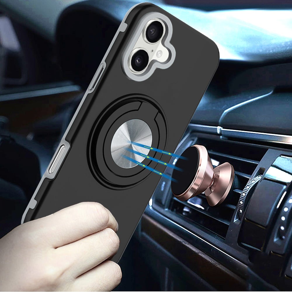 Phone Case for Apple iPhone 18 Shockproof Magnetic Ring Stand Rotating CarMount Hybrid Metal Matte Finish AntiSlip Grip Kickstand Cover Black