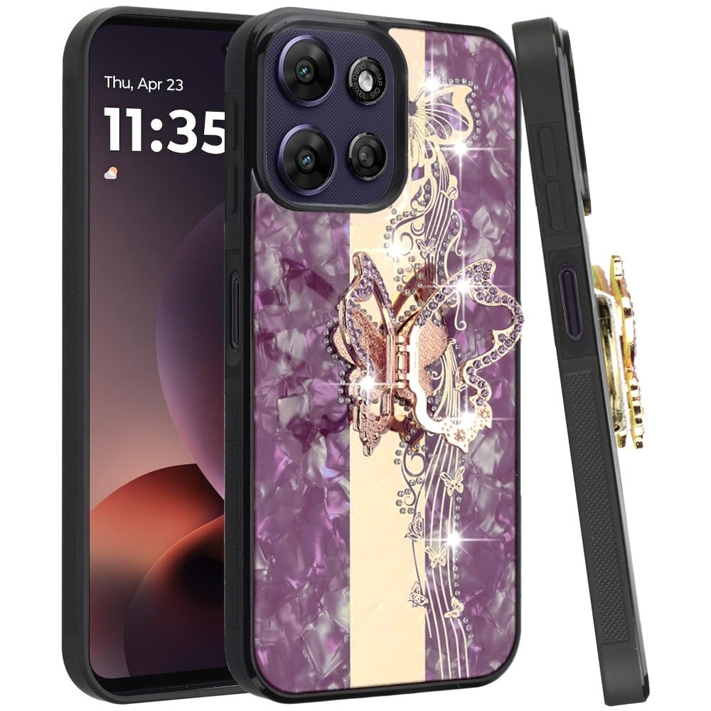 Phone Case for Motorola Moto G Power 5G 2026 /2025 Diamond Glitter Butterfly Engraved Ring Stand Luxury Bling Hybrid Shockproof Chrome Edge Protective Durable Grip Cover