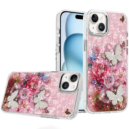 For Apple iPhone 15 Epoxy Glitter Flowers Bling 3D Butterfly Fashion TPU Hybrid with Shockproof Protection Case Cover