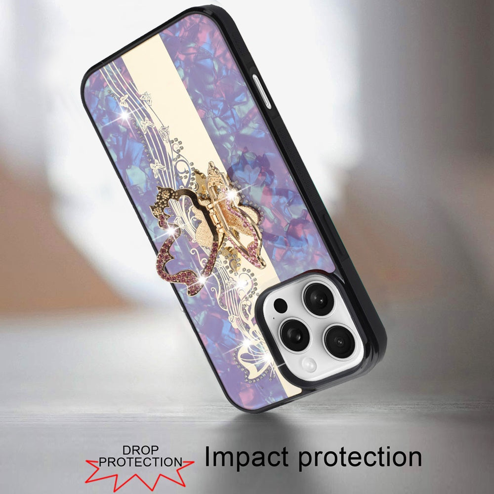 For Apple iPhone 16 (6.1") Diamond Bling Sparkly 3D Back Ornaments Engraving Hybrid with Stand Fashion Case Cover Enchanted Butterfly Purple