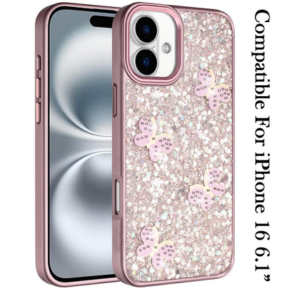 For iPhone 16 (6.1") Cute Butterfly Crystal Diamond Glitter Case Sparkle Bling Frame Metallic Edges, Shimmer TPU Hybrid Case Cover