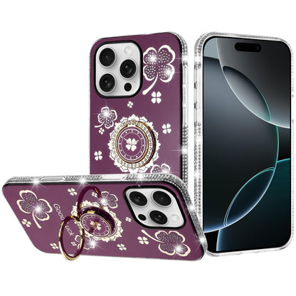 Phone Case for iPhone 16 Pro Max (6.9") Glitter Diamond Ring Stand Sparkle Rhinestone Edge AntiSlip Kickstand Luxury Fashion Bumper Shockproof Cover Red