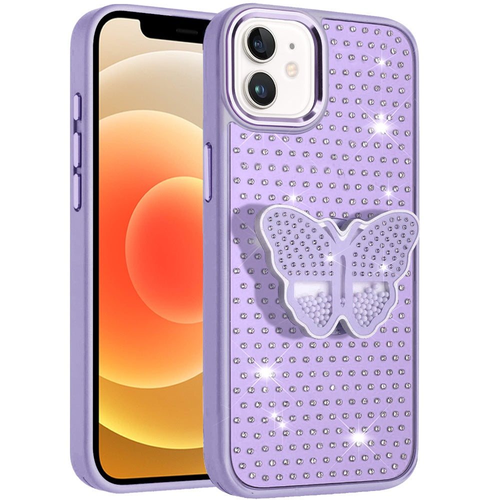 For Apple iPhone 12 /12 Pro Butterfly Moveable Grip 3D Pop Stand Full Diamond Bling Sparkling TPU Fashion Hybrid Case Cover