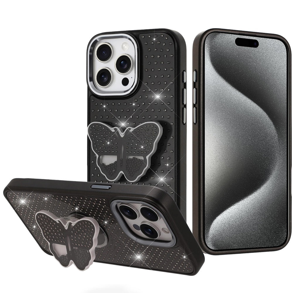 For Samsung Galaxy S26+ / S26 Plus Butterfly Moveable Grip 3D Pop Stand Full Diamond Bling Sparkling TPU Fashion Hybrid Case Cover
