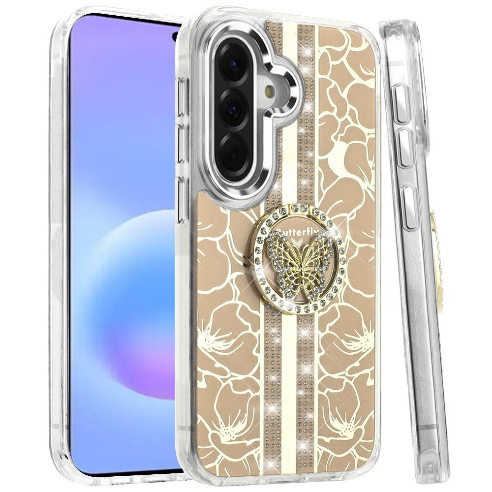 Phone Case for Samsung Galaxy A57 Floral Butterfly Ring Stand Glitter Bling Shockproof Hybrid Luxury Fashion Protective Anti Slip Durable Grip Cover