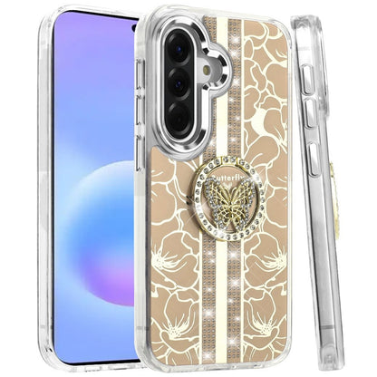 Phone Case for Samsung Galaxy A57 Floral Butterfly Ring Stand Glitter Bling Shockproof Hybrid Luxury Fashion Protective Anti Slip Durable Grip Cover