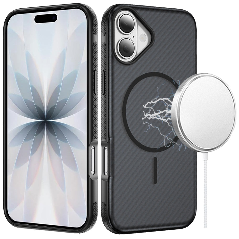Phone Case for Apple iPhone 17 Shockproof Magnetic Carbon Fiber Texture Metallic Button Rugged Grip Anti Fingerprint Heavy Duty Hybrid Armor Cover Black