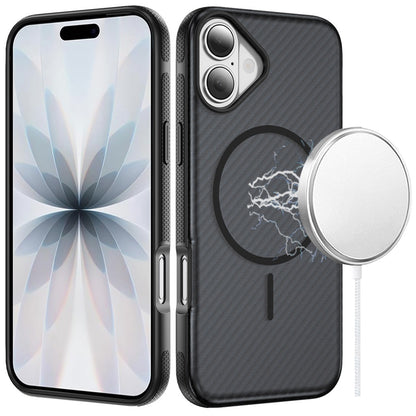 Phone Case for Apple iPhone 17 Shockproof Magnetic Carbon Fiber Texture Metallic Button Rugged Grip Anti Fingerprint Heavy Duty Hybrid Armor Cover Black