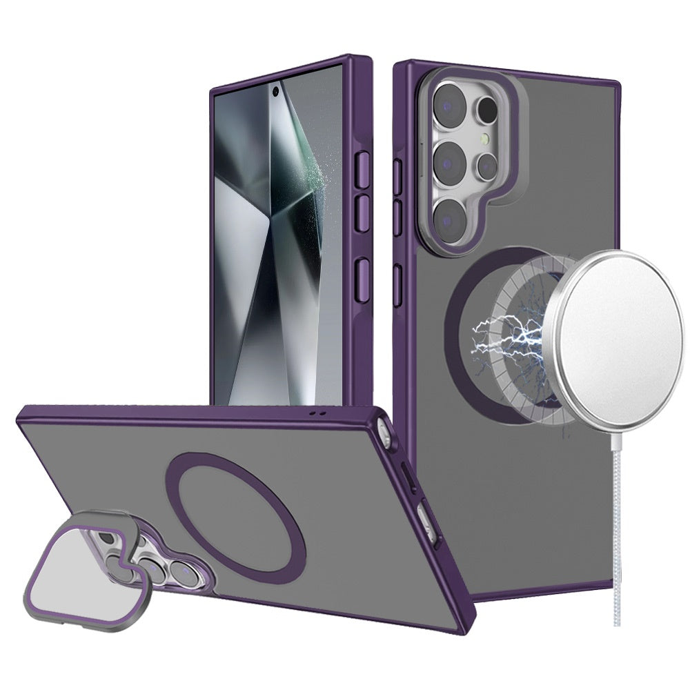For Samsung Galaxy S23 Tough HQ Hybrid Case with Aluminum Frame Camera Stand, Compatible with MagSafe, Translucent Matte Shockproof Case Cover