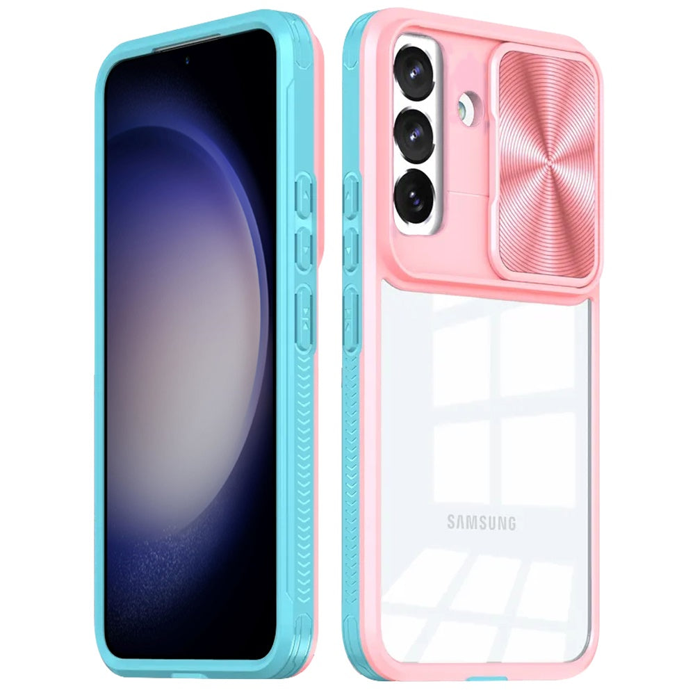 For Samsung Galaxy S24 FE Hybrid Cases with Sliding Camera Cover Transparent Shockproof Bumper TPU Protective Case Cover Pink/Blue