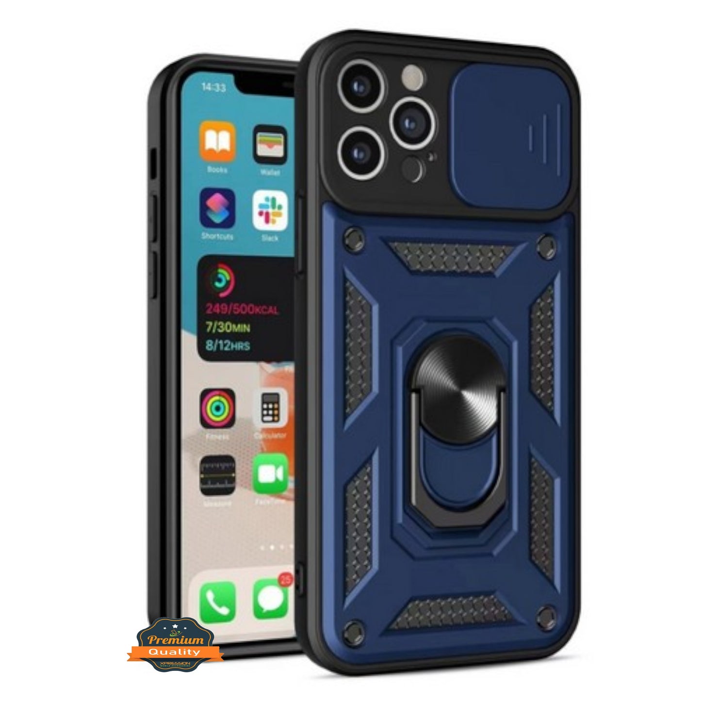 For Apple iPhone 16 Pro (6.3") Built in Sliding Camera Lens Protection & Finger Ring Stand Holder Hybrid PC Shockproof Case Cover
