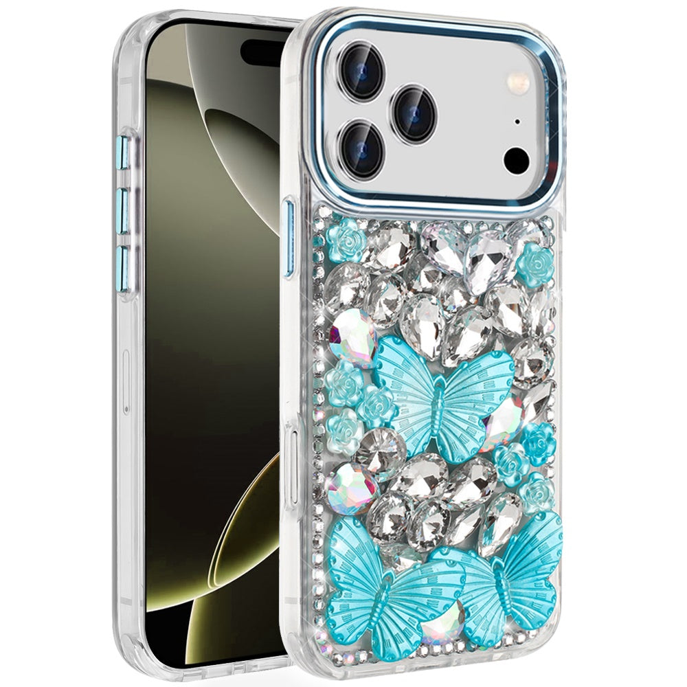 Phone Case for Apple iPhone 17 Pro Max Luxury 3D Floral Butterfly Bling Rhinestone Glitter Shockproof Stylish Protective Hybrid Designer Metallic Cover Blue