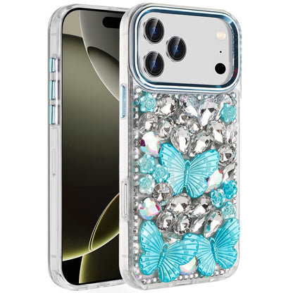 Phone Case for Apple iPhone 17 Pro Max Luxury 3D Floral Butterfly Bling Rhinestone Glitter Shockproof Stylish Protective Hybrid Designer Metallic Cover Blue