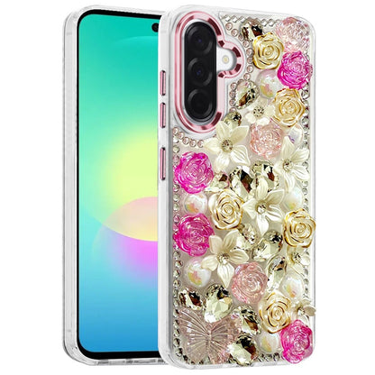 Phone Case for Samsung Galaxy A27 Luxury Rose Bling Rhinestone Glitter Floral Hybrid Shockproof Stylish Protective Designer Ornament Sparkle Cover