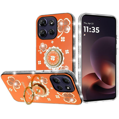 For Motorola Moto G Power 5G 2026 /2025 Diamonds Bling All Around Edges Sparkly Glitter Hybrid with Ring Stand Holder Fashion Good Luck Case Cover Cosmic Orange