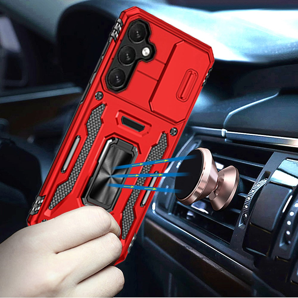 Phone Case for Samsung Galaxy A57 Tough Metal Ring Shockproof Sliding Camera Window Hybrid Armor Rugged Anti Slip Heavy Duty Grip Cover Red