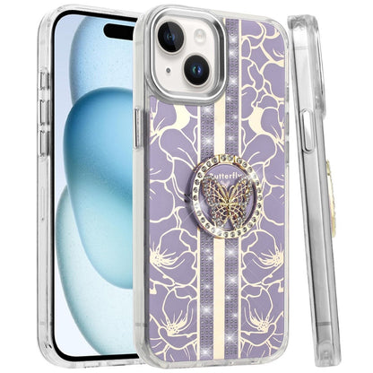 Phone Case for Apple iPhone 15 Floral Butterfly Ring Stand Glitter Bling Shockproof Hybrid Luxury Fashion Protective Anti Slip Durable Grip Cover