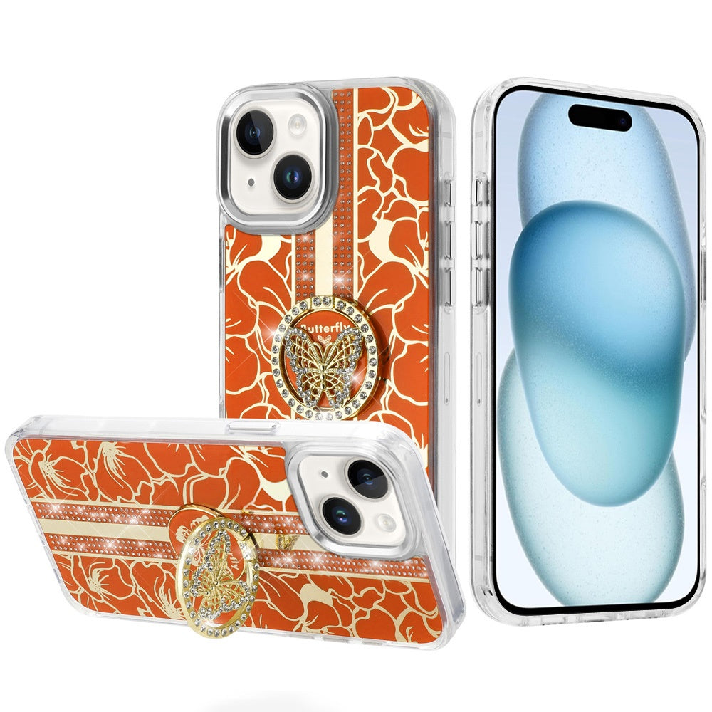 For Apple iPhone 15 Diamonds 3D Butterfly Floral Design Bling Sparkly Glitter Hybrid Metal Fashion with Ring Stand Case Cover