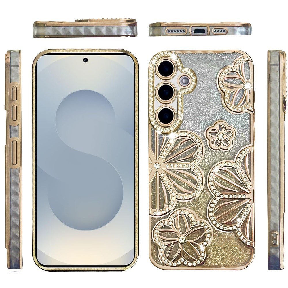 For Samsung Galaxy S26+ / S26 Plus Luxury Flower Design Sparkle Glitter Diamond Rhinestone Shimmer Bling Plating Thick TPU Hard PC Case Cover