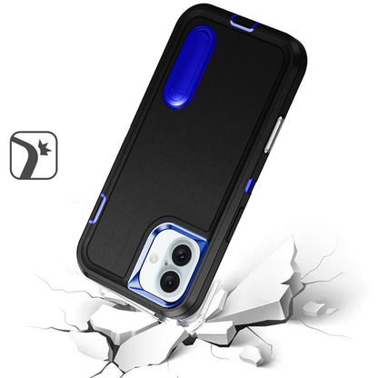 For Apple iPhone 16 Plus (6.7") Hybrid 3 Layers Hard 3in1 Shockproof with Kickstand Heavy Duty Hard TPU Rubber Anti-Drop Case Cover Black / Blue