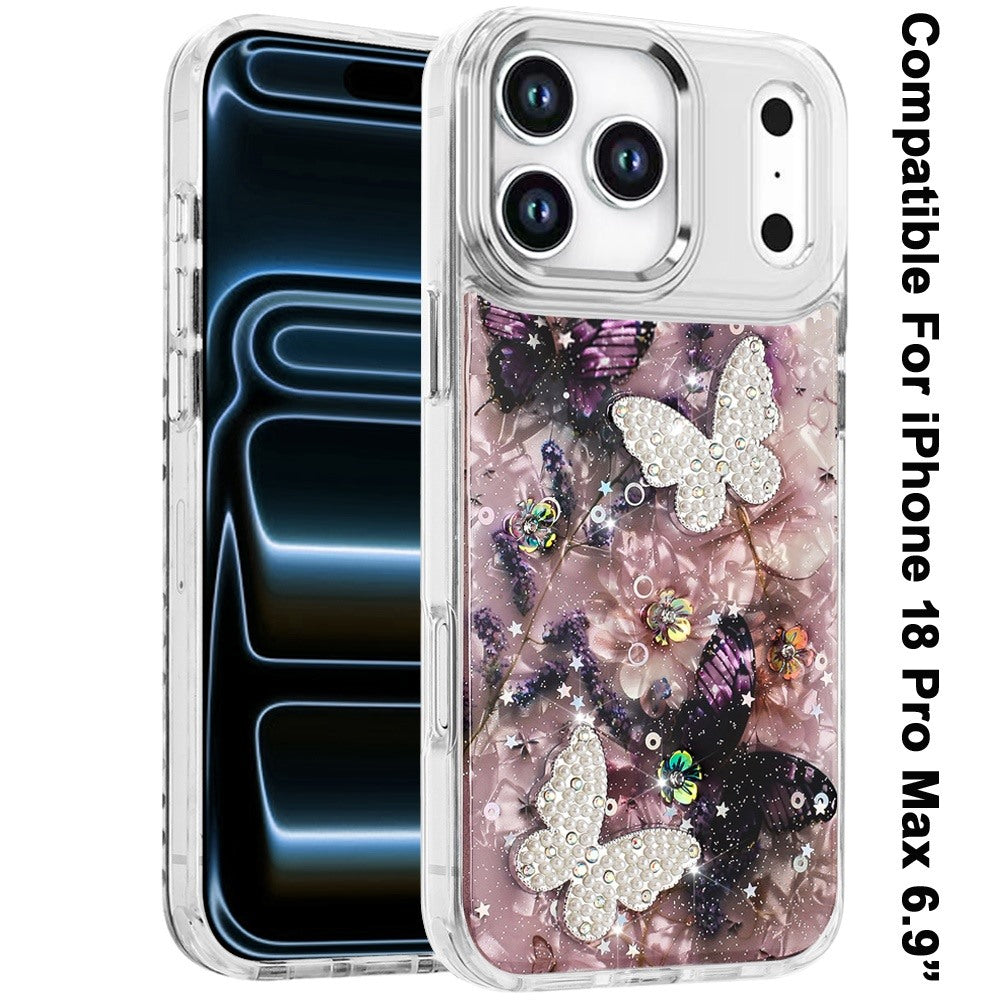 Phone Case for Apple iPhone 18 Pro Max/ 17 Pro Max Glitter Butterfly Design Metal Buttons Shockproof Hybrid TPU + PC Durable Protective Slim Grip Stylish Cover