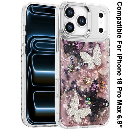 Phone Case for Apple iPhone 18 Pro Max/ 17 Pro Max Glitter Butterfly Design Metal Buttons Shockproof Hybrid TPU + PC Durable Protective Slim Grip Stylish Cover