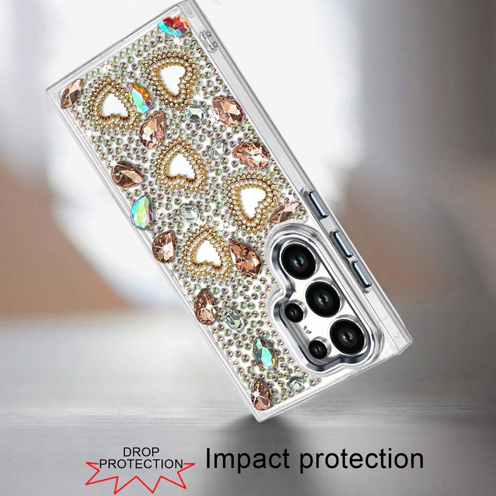 Phone Case for Samsung Galaxy S24 Ultra Luxury Crystal Heart Rhinestone Diamond Bling Shockproof Hybrid Glitter Protective Stylish Durable Grip Cover Brown