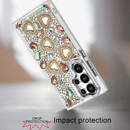 Phone Case for Samsung Galaxy S24 Ultra Luxury Crystal Heart Rhinestone Diamond Bling Shockproof Hybrid Glitter Protective Stylish Durable Grip Cover Brown