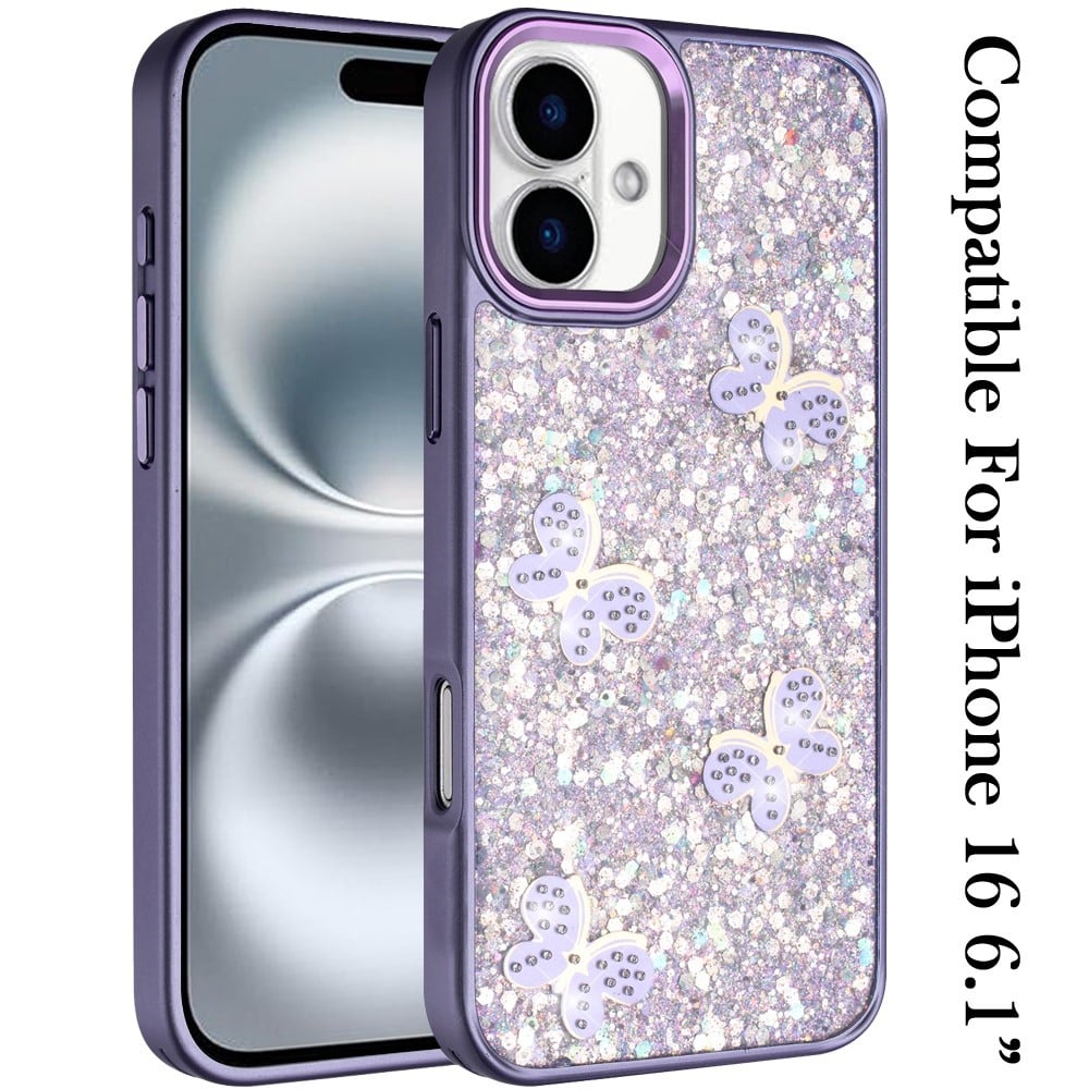 For iPhone 16 (6.1") Cute Butterfly Crystal Diamond Glitter Case Sparkle Bling Frame Metallic Edges, Shimmer TPU Hybrid Case Cover