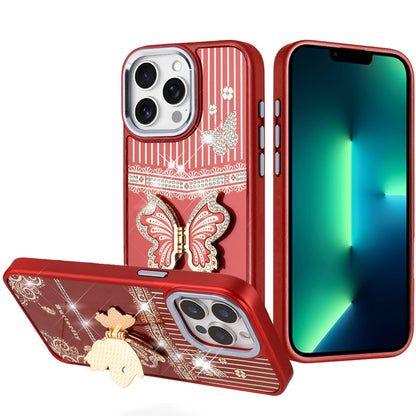 Phone Case for Apple iPhone 13 Pro Max Glitter Bling Butterfly Stand Metallic Edge Hybrid Shockproof Grip Durable Camera Protection Stylish Design Cover Red