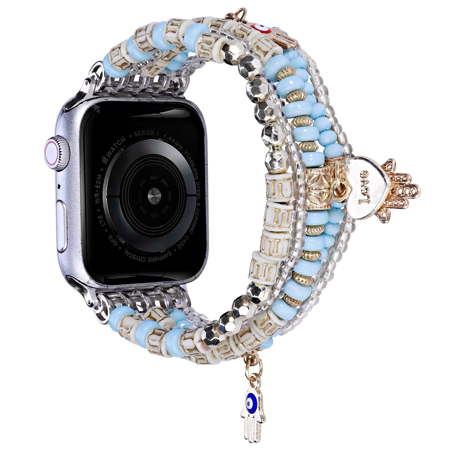 Watch Band for Apple Watch 38/40/41mm, Series 1-8 & SE Beaded Stretch Bracelet Love Charm Pendant Elastic Comfortable Replacement Strap Blue