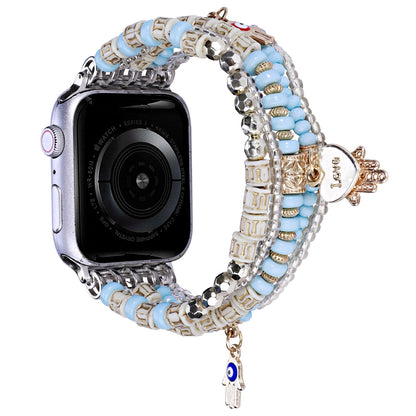 Watch Band for Apple Watch 38/40/41mm, Series 1-8 & SE Beaded Stretch Bracelet Love Charm Pendant Elastic Comfortable Replacement Strap Blue