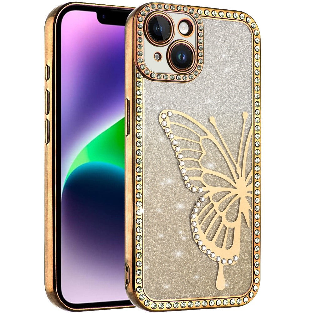 For Apple iPhone 14 /13 Butterfly Glitter Diamond Shimmer Hybrid Slim & Stylish Electroplated Sparkly Bling Shockproof TPU Protective Case Cover