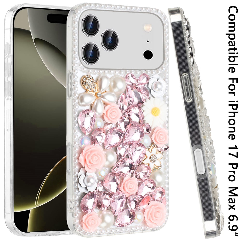 Phone Case for Apple iPhone 17 Pro Max Rose Flower Full Diamond Bling Rhinestone Glitter Luxury Stylish Sparkle Protective Designer Hybrid Cover