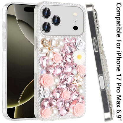 Phone Case for Apple iPhone 17 Pro Max Rose Flower Full Diamond Bling Rhinestone Glitter Luxury Stylish Sparkle Protective Designer Hybrid Cover