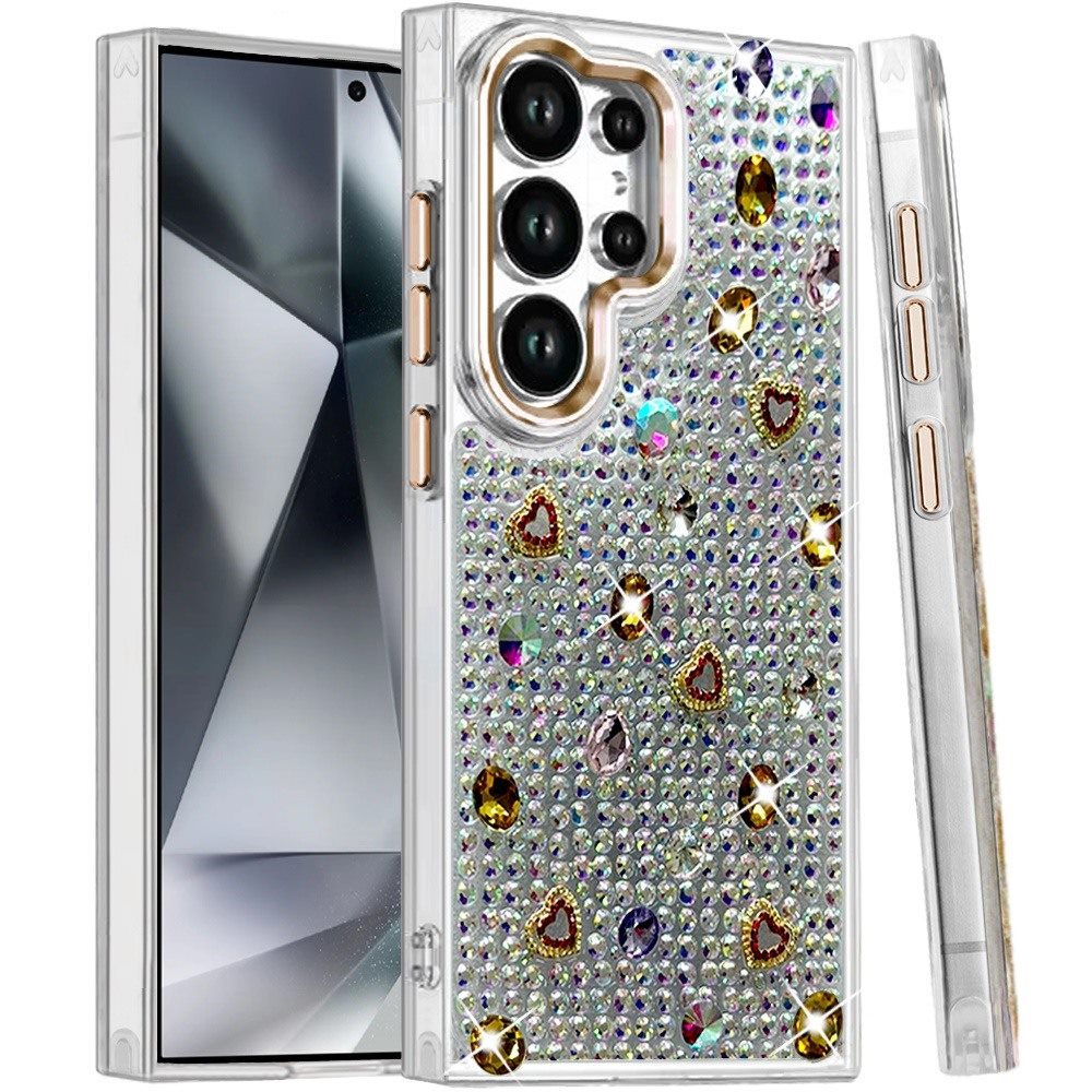Phone Case for Samsung Galaxy S24 Ultra Chrome Fashion Hybrid Bling Diamond Heart Rhinestone Decorative Stones Sparkling Embellished Design Cover
